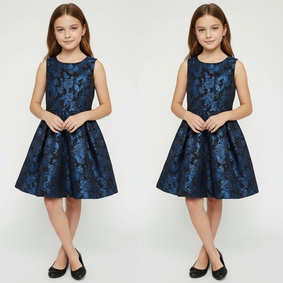 The Childrens Place Girls Dress Size 6 Blue Black Metallic Floral Jacquard Party - Picture 1 of 10